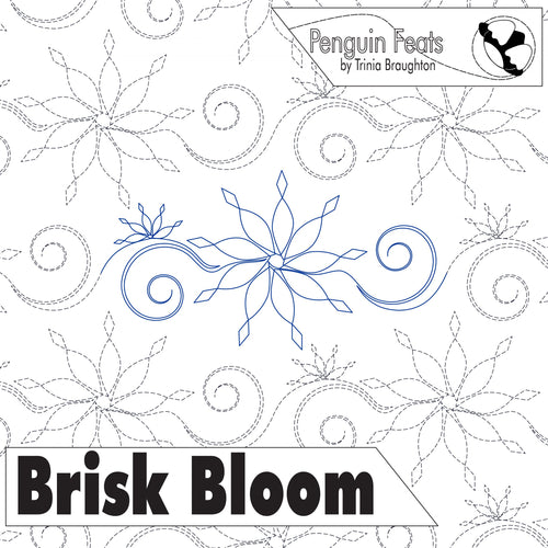 Continuous line design of snowflakes and swirls with 'Brisk Bloom' text, featuring the brand 'Penguin Feats'.