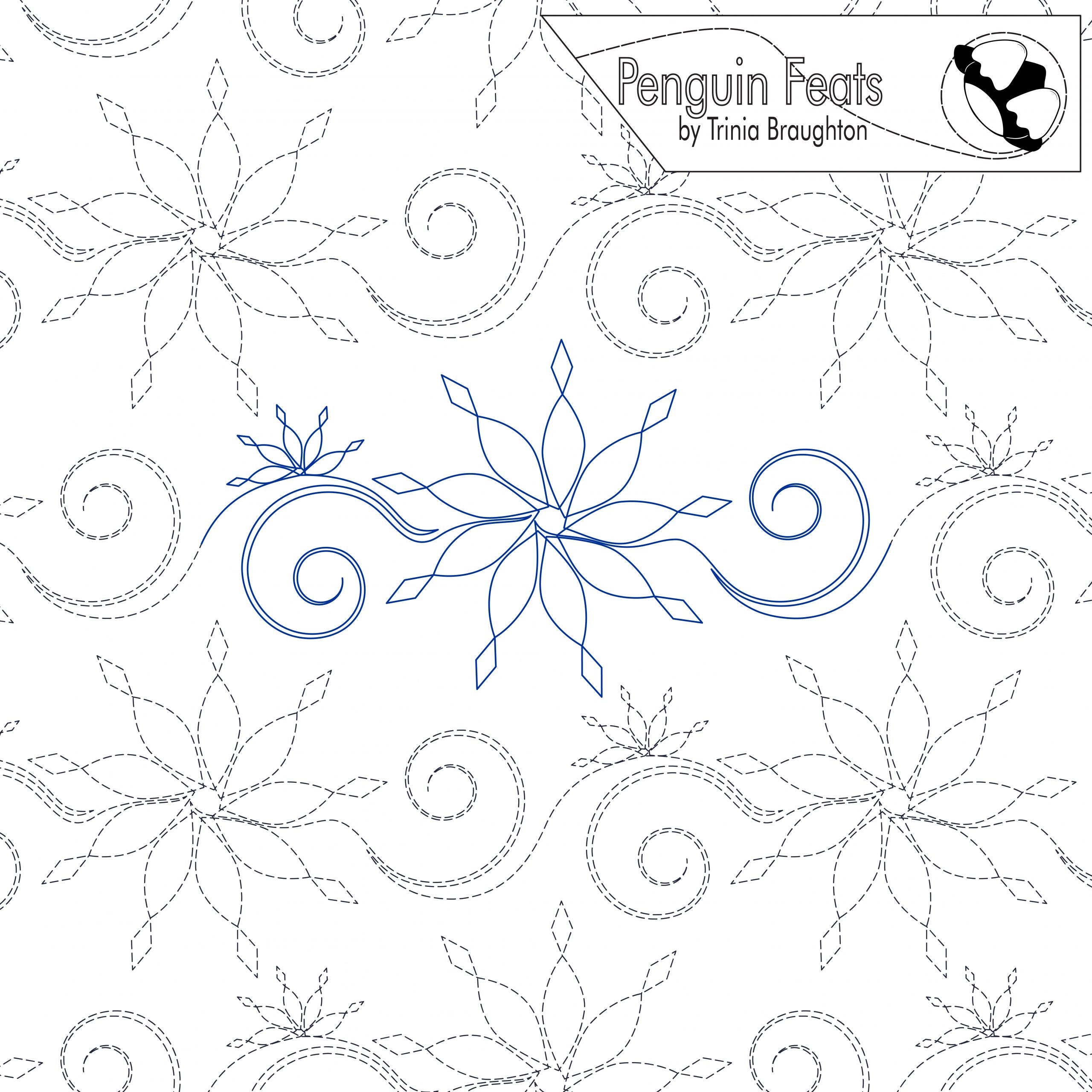 Design with floral and swirl patterns on a white background, featuring the brand 'Penguin Feats' by Trinia Braughton.