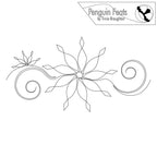 Decorative line drawing with snowflakes and swirl elements, branded 'Penguin Feats' by Trinia Braughton.