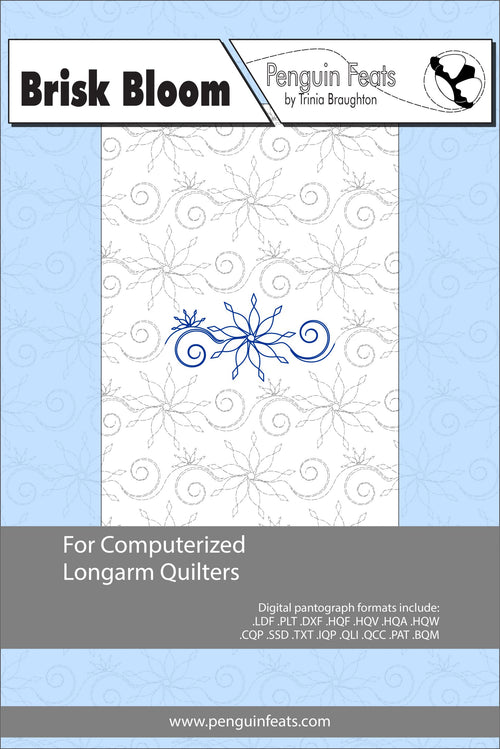 quilting design sheet titled 'Brisk Bloom' by Penguin Feats with a blue snowflake design on a light blue background.