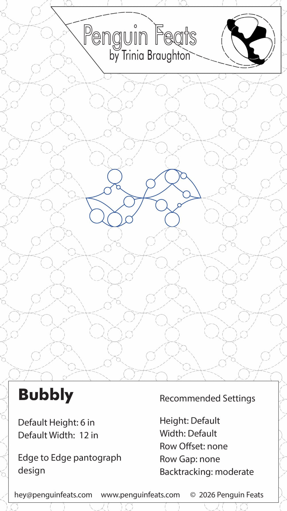 Design information for Bubbly with text and branding at the top
