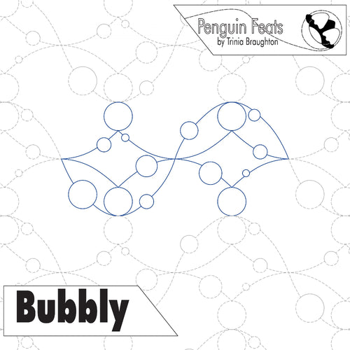 Quilting design of bubbles and 'Penguin Feats' branding on a white background.