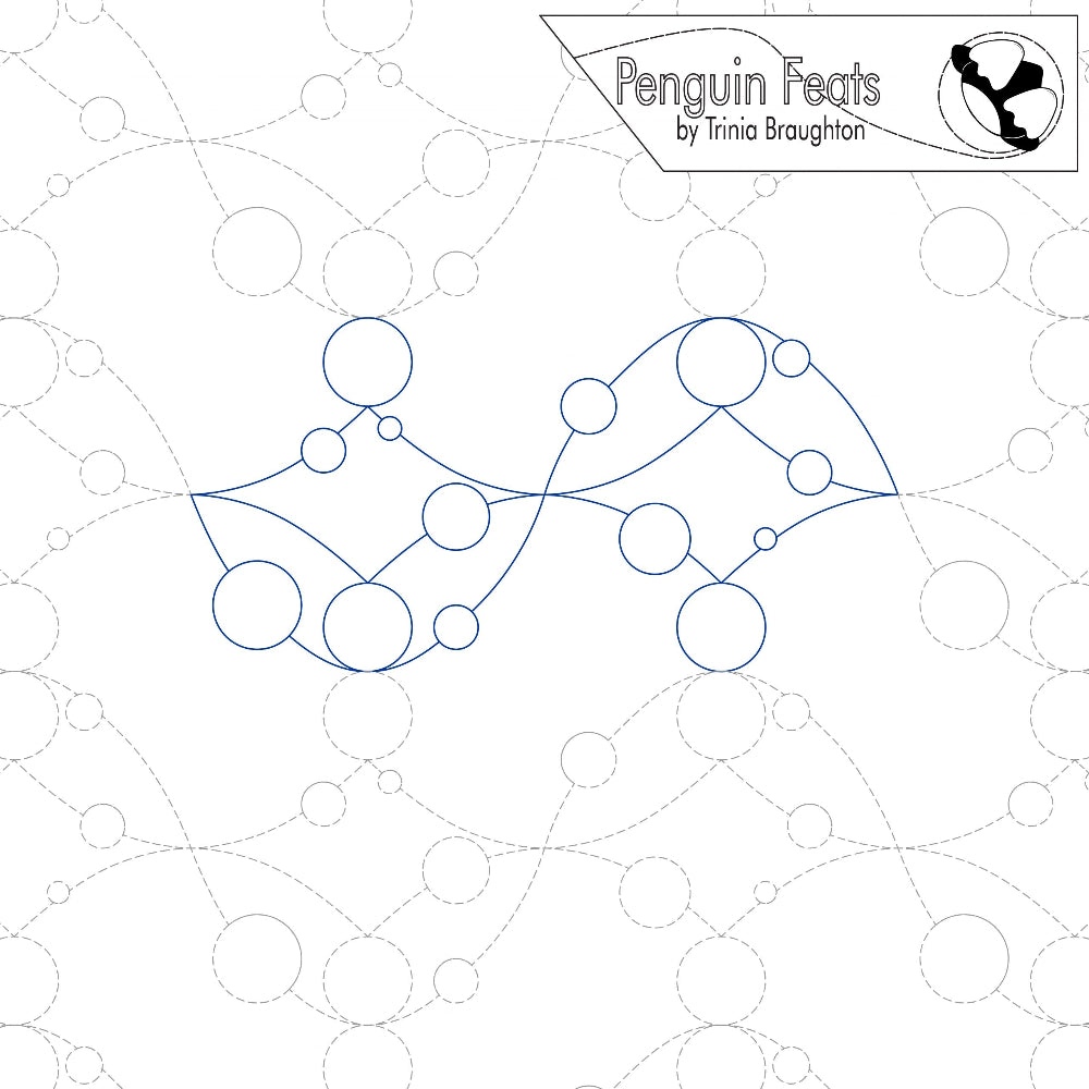 Continuous line design of geometric patterns and 'Penguin Feats' branding.