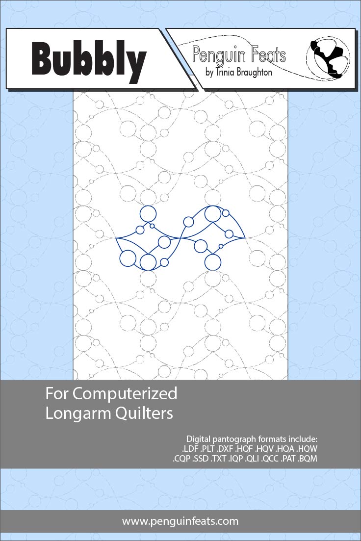 Quilting design information for computerized longarm quilters with a blue and white pattern on a light blue background.