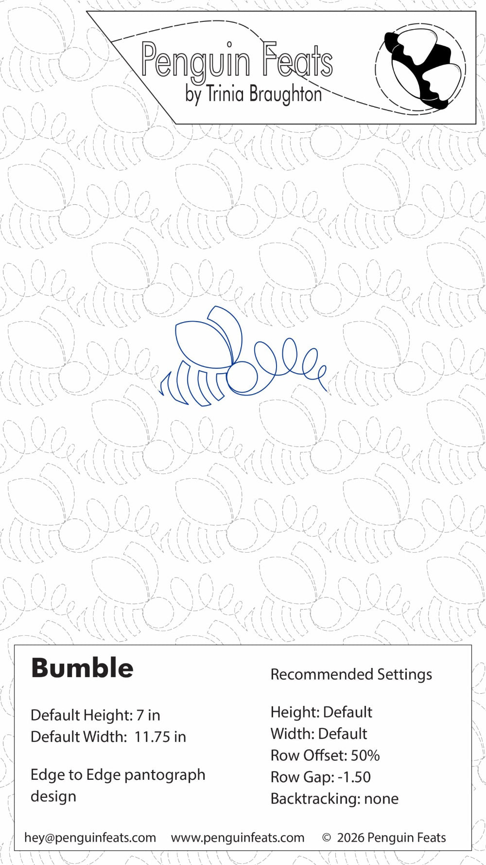 Continuous line design of a bee with technical specifications on a white background