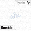 Outline of a bee with 'Bumble' text on a patterned background, featuring the brand 'Penguin Feats'.