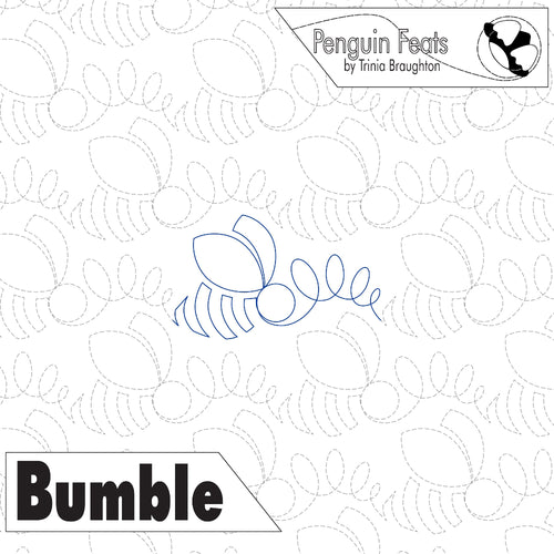 Outline of a bee with 'Bumble' text on a patterned background, featuring the brand 'Penguin Feats'.