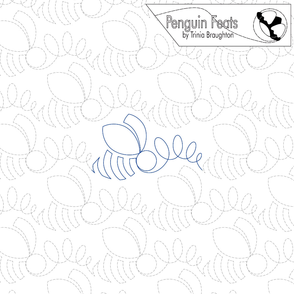 Continuous line design of bee with 'Penguin Feats' by Trinia Braughton logo at the top.
