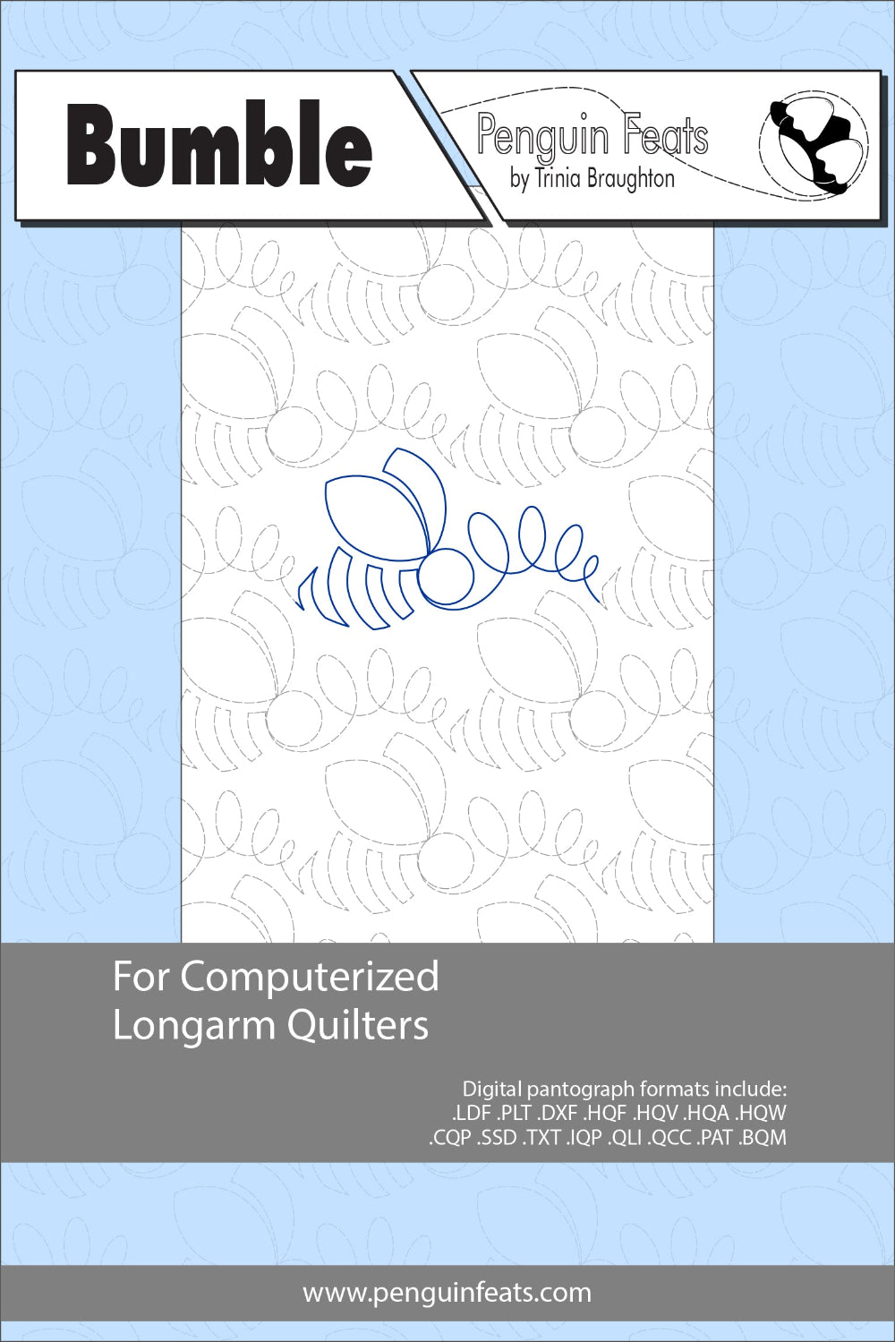 Quilting design sheet titled 'Bumble' by Penguin Feats with a blue continuous line bee design 