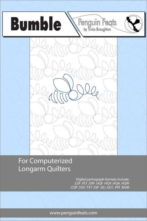 Quilting design sheet titled 'Bumble' by Penguin Feats with a blue continuous line bee design 