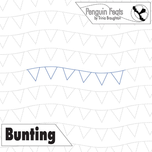 bunting design with a geometric pattern and 'Penguin Feats' branding.