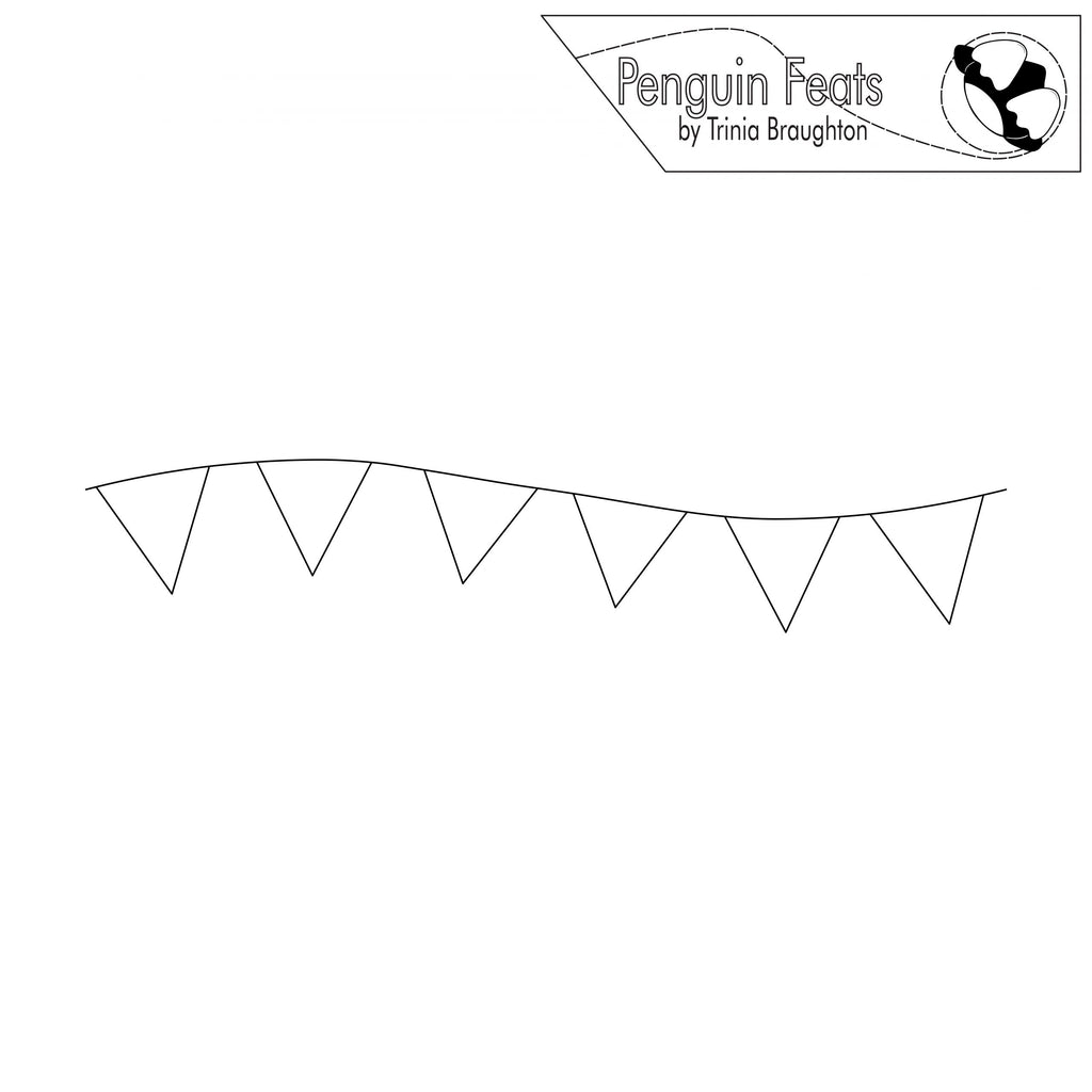 Outline of a banner with triangular flags and 'Penguin Feats' logo at the top.