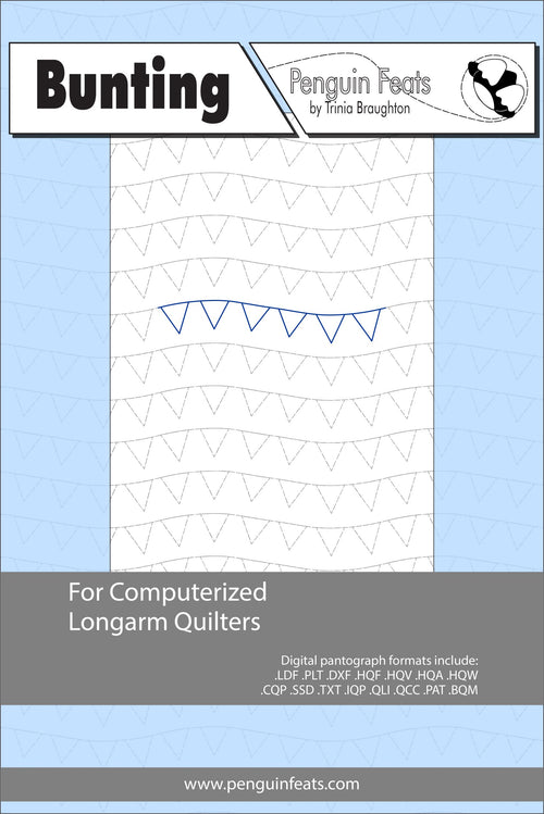 Bunting pattern for computerized longarm quilters with a blue and gray design on a white background.