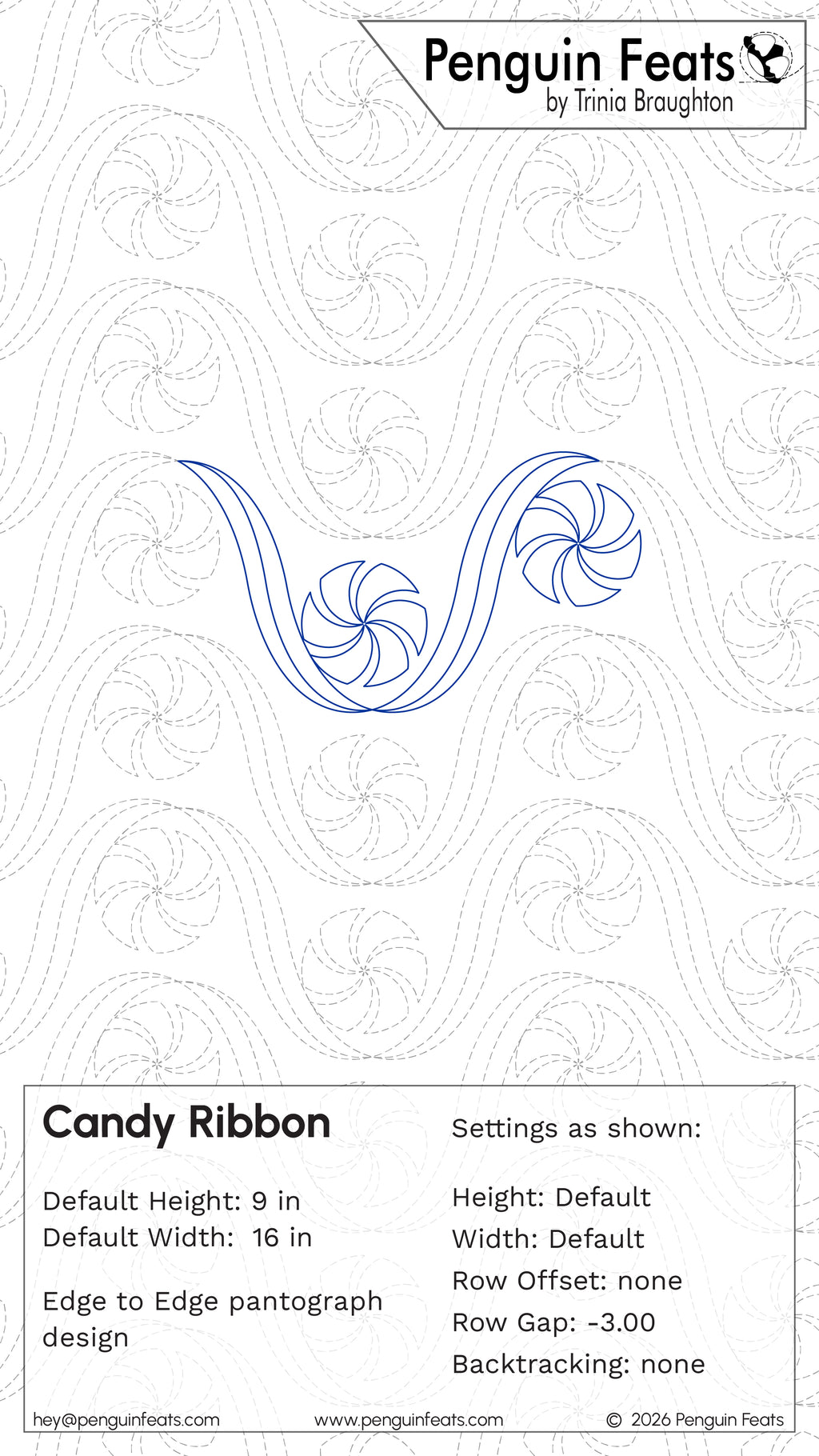 A quilting pattern sheet titled Candy Ribbon , showing a blue and gray outline of a candy swirl with ribbon motif with dashed guide lines on a white background and text detailing settings and dimensions.