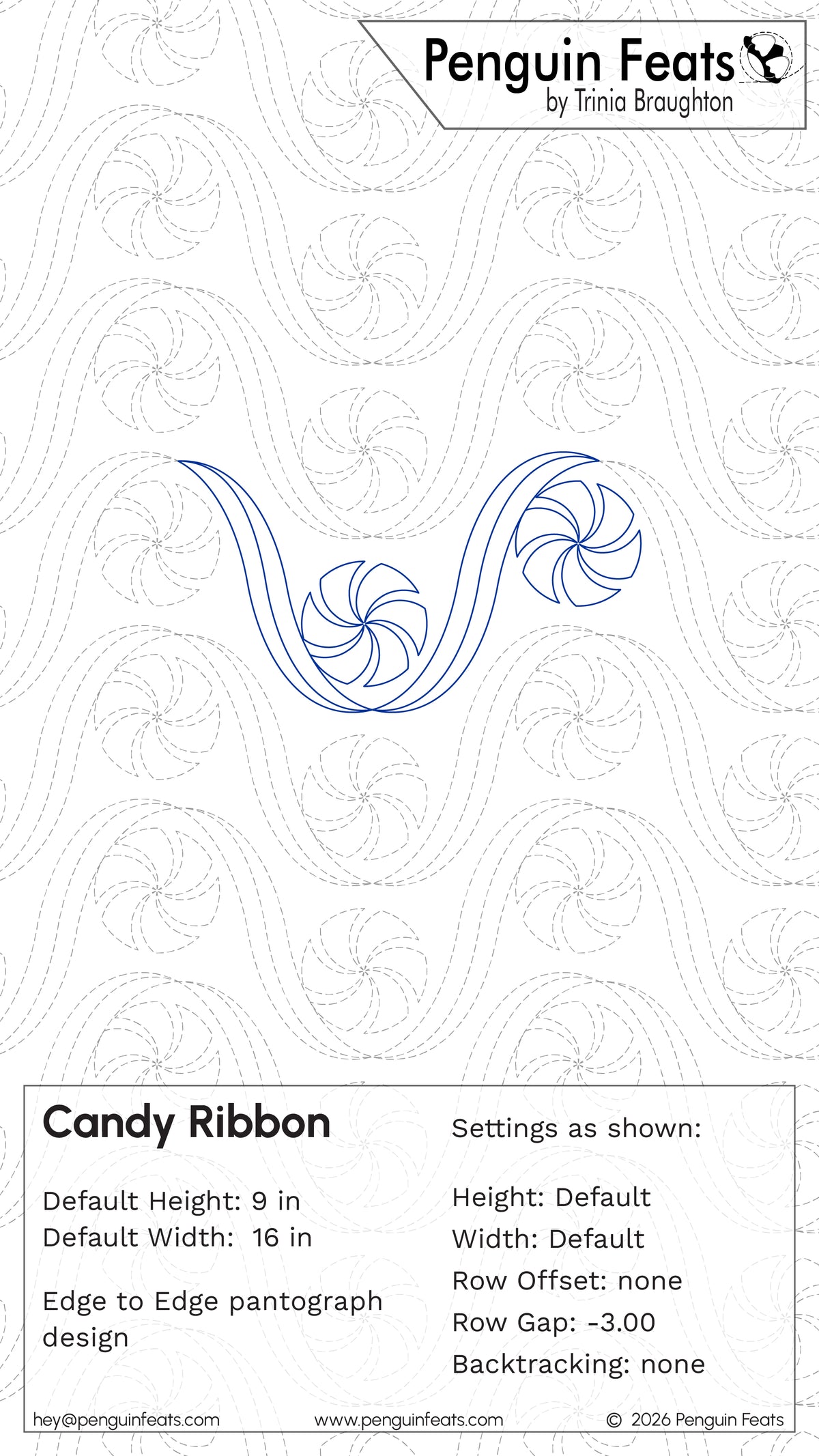 A quilting pattern sheet titled Candy Ribbon , showing a blue and gray outline of a candy swirl with ribbon motif with dashed guide lines on a white background and text detailing settings and dimensions.