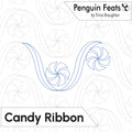 A digital quilting pattern preview titled 'Candy Ribbon' by Trinia Braughton, showing a blue outline of a candy cane design on a white background with dashed guidance lines and the brand name 'Penguin Feats'.