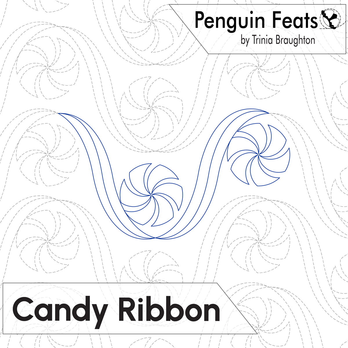A digital quilting pattern preview titled 'Candy Ribbon' by Trinia Braughton, showing a blue outline of a candy cane design on a white background with dashed guidance lines and the brand name 'Penguin Feats'.