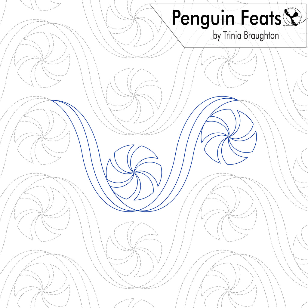 A quilting pattern preview sheet from 'Penguin Feats' by Trinia Braughton, showing blue outlined candy swirl designs over a white background with dashed gray practice patterns.