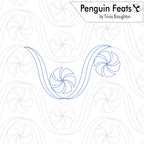 A quilting pattern preview sheet from 'Penguin Feats' by Trinia Braughton, showing blue outlined candy swirl designs over a white background with dashed gray practice patterns.