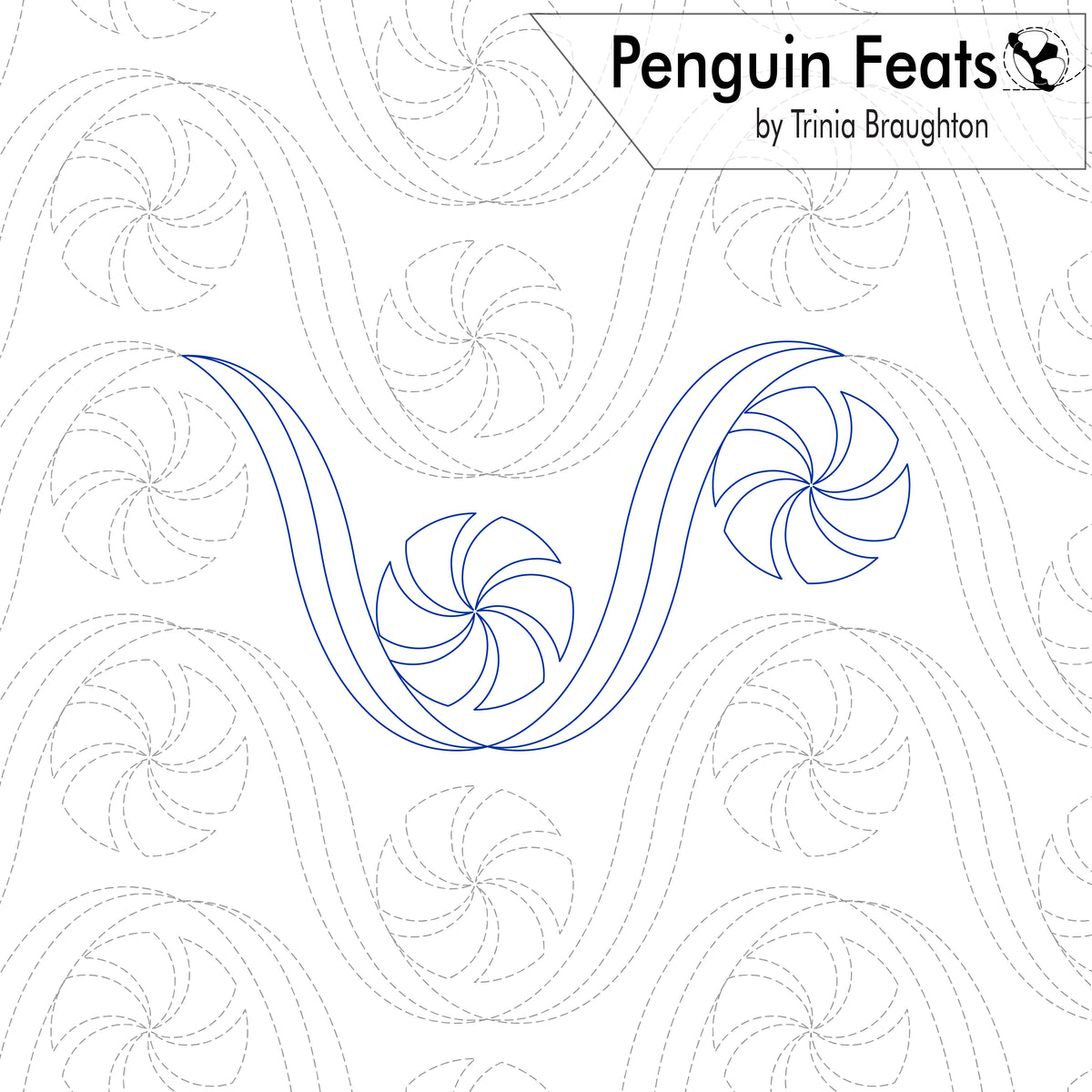 A quilting pattern preview sheet from 'Penguin Feats' by Trinia Braughton, showing blue outlined candy swirl designs over a white background with dashed gray practice patterns.