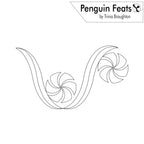 Black and white line art coloring page or stencil design titled 'Penguin Feats' by Trinia Braughton, featuring abstract swirl patterns and curved lines on a white background.