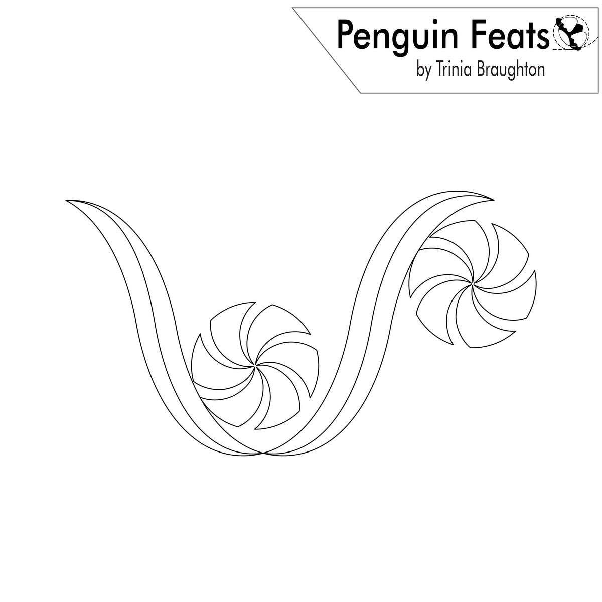 Black and white line art coloring page or stencil design titled 'Penguin Feats' by Trinia Braughton, featuring abstract swirl patterns and curved lines on a white background.