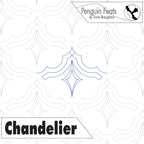 Design of a chandelier with 'Penguin Feats' branding and patterned background