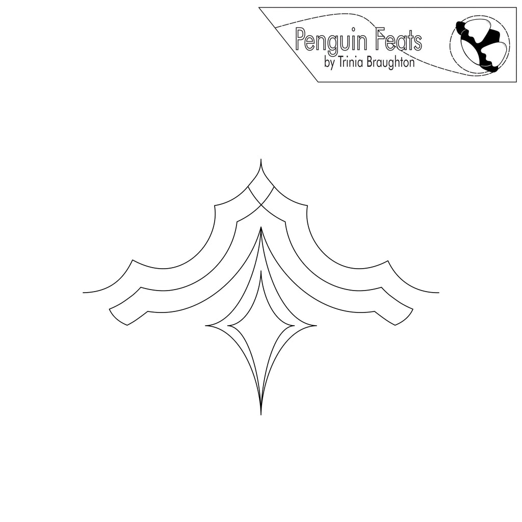 Black and white pattern with echoed lines and star drop on a white background with 'Penguin Feats' branding.