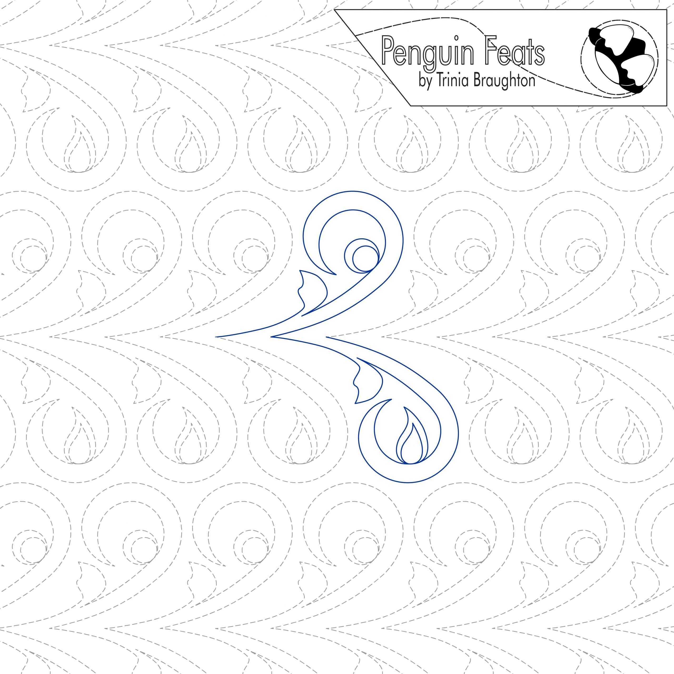 Continuous line design of flourish feathers and 'Penguin Feats' branding.