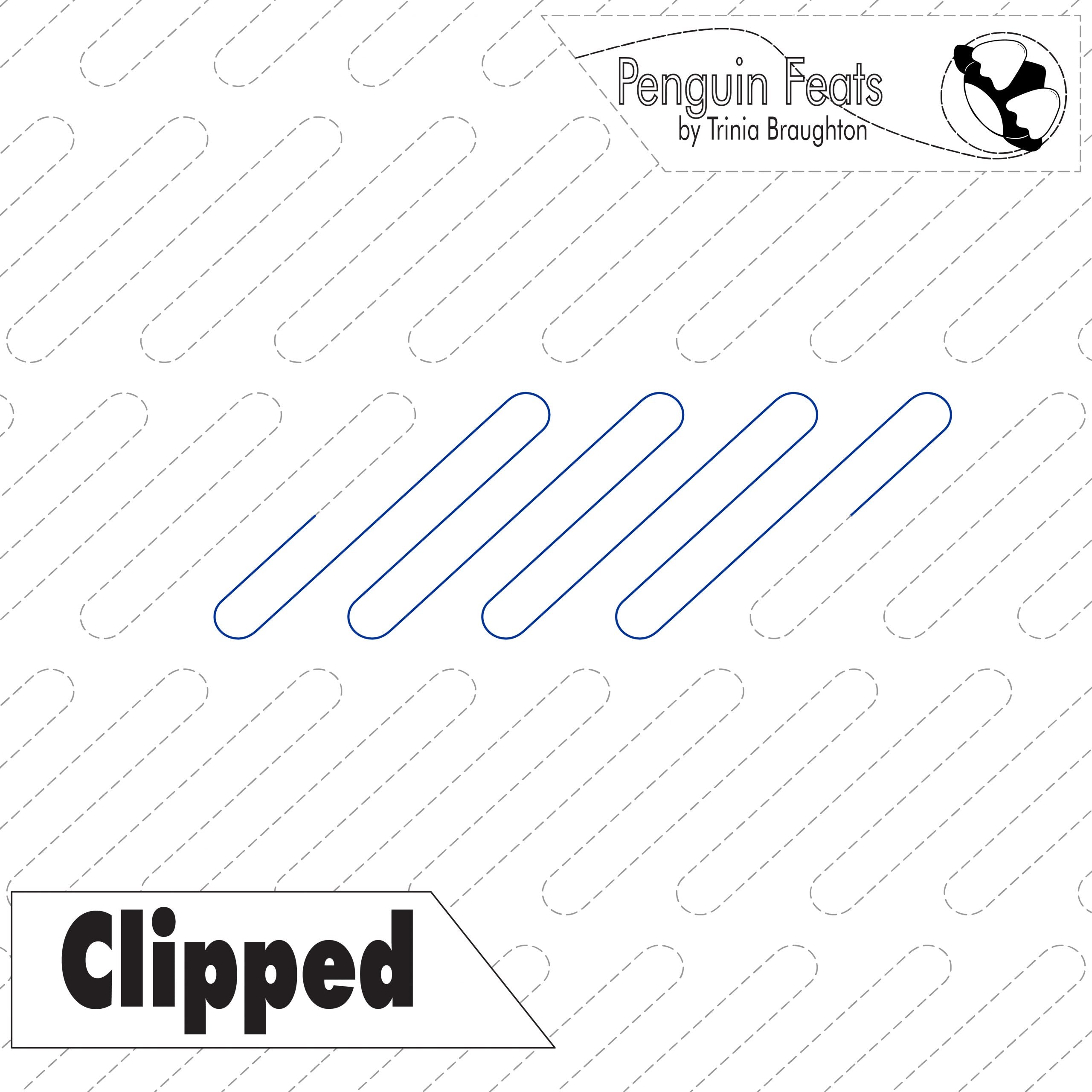 Continuous line design of paper clip shapes with text 'Penguin Feats' and 'Clipped' on a white background.