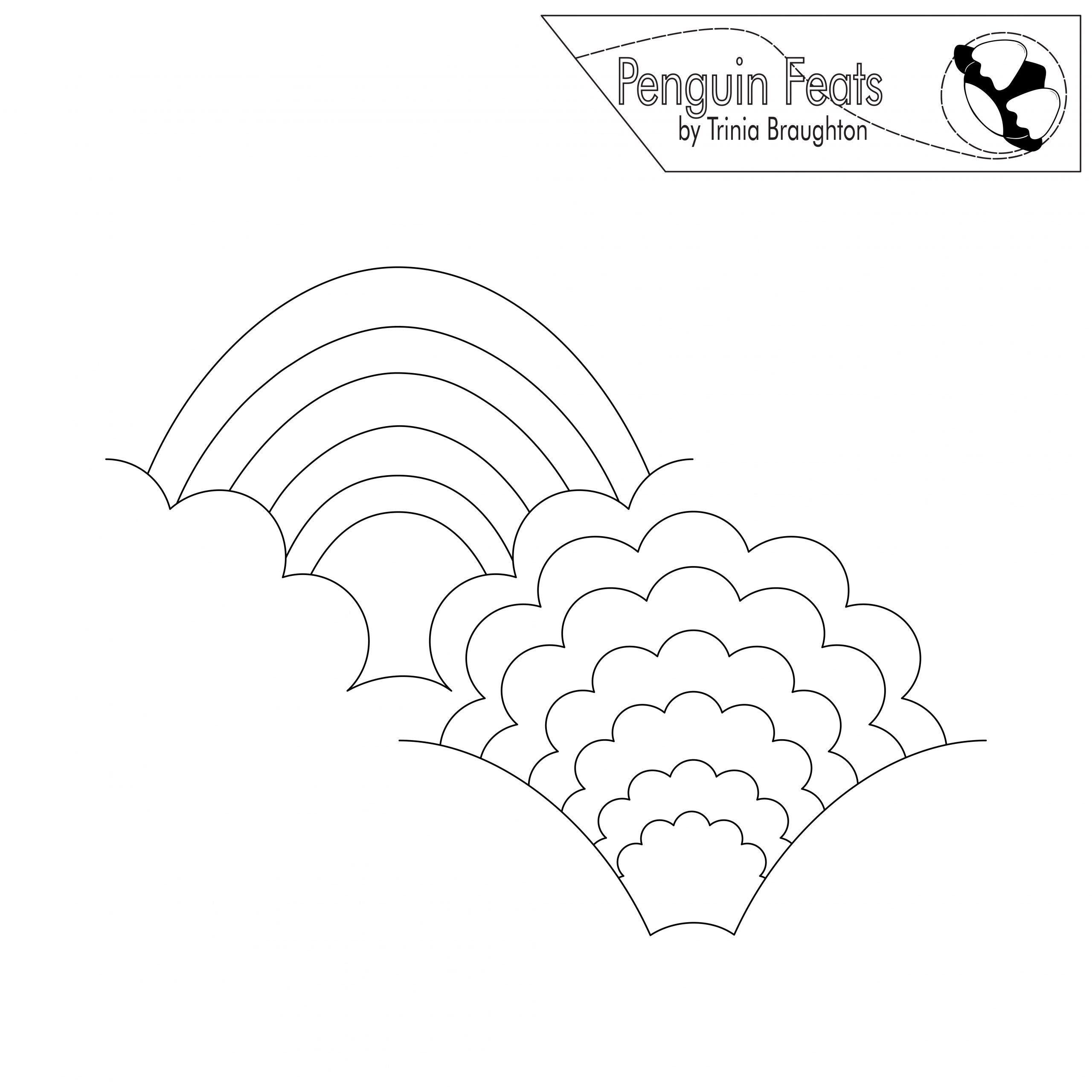Black and white outline of rainbow and cloud design with 'Penguin Feats' branding at the top.