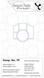 Design info for Comp No 79 design with  geometric shapes and text, featuring the brand 'Penguin Feats' by Trinia Braughton.
