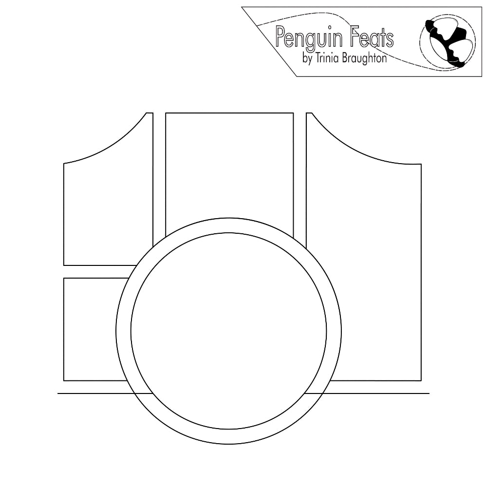  Continuous line in black of geometric shapes with 'Penguin Feats' by Trinia Braughton logo at the top.