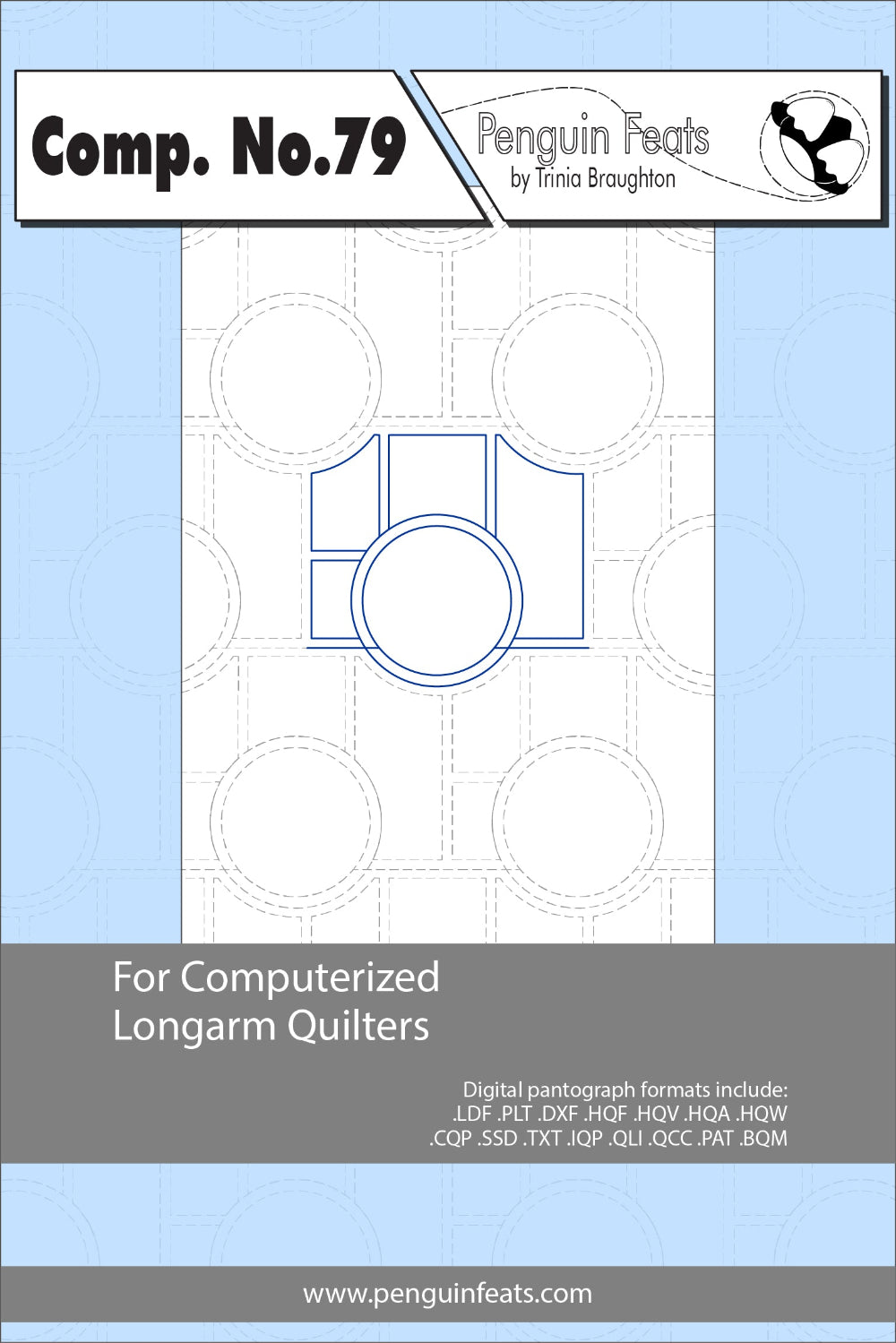 Design sheet for computerized longarm quilters with geometric shapes on a light blue background.