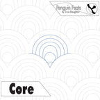 Patterned design with concentric circles and text 'Penguin Feats by Trinia Braughton' and 'Core'.