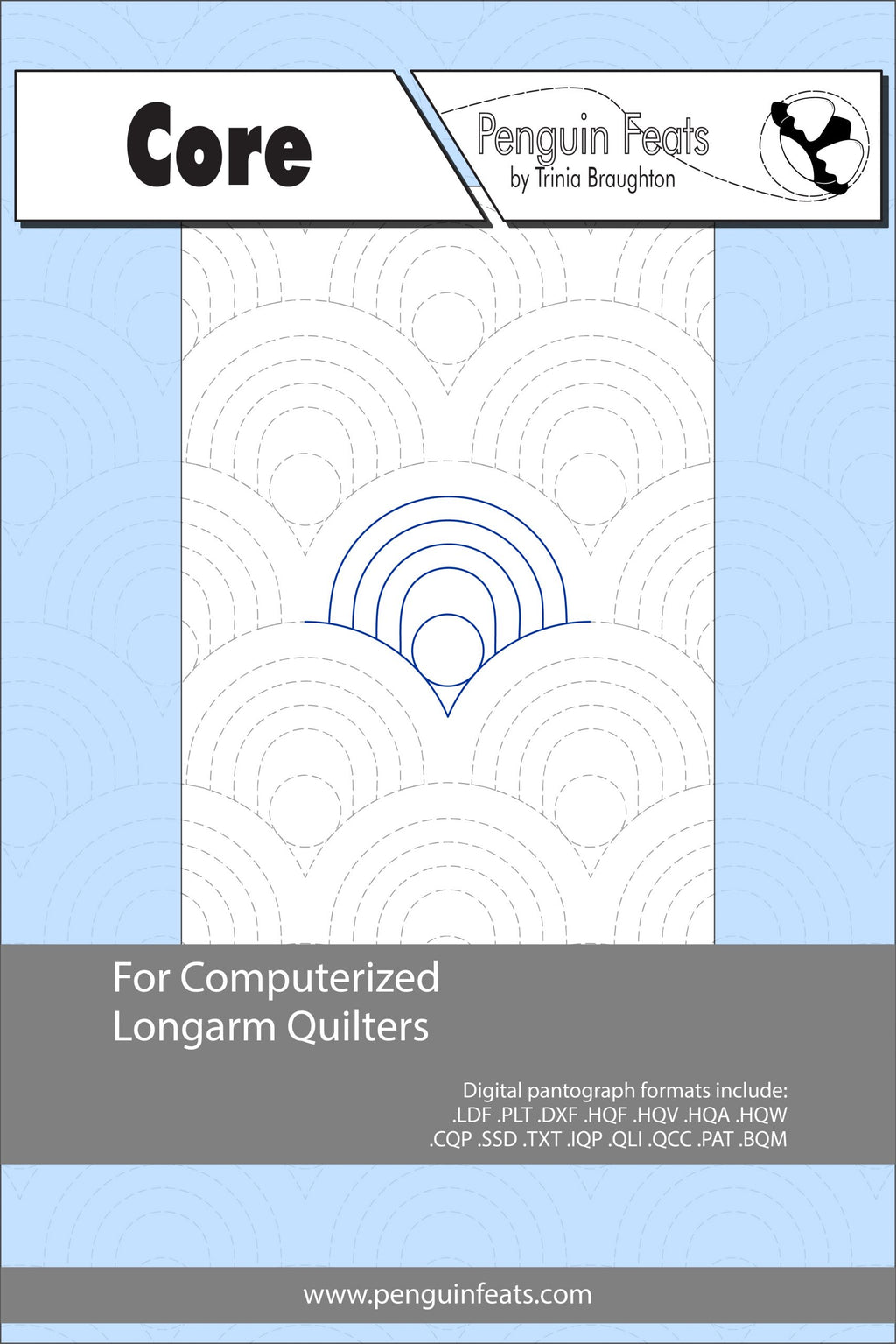 Quilting pattern sheet titled 'Core' by Penguin Feats with a blue and gray design on a light blue background.