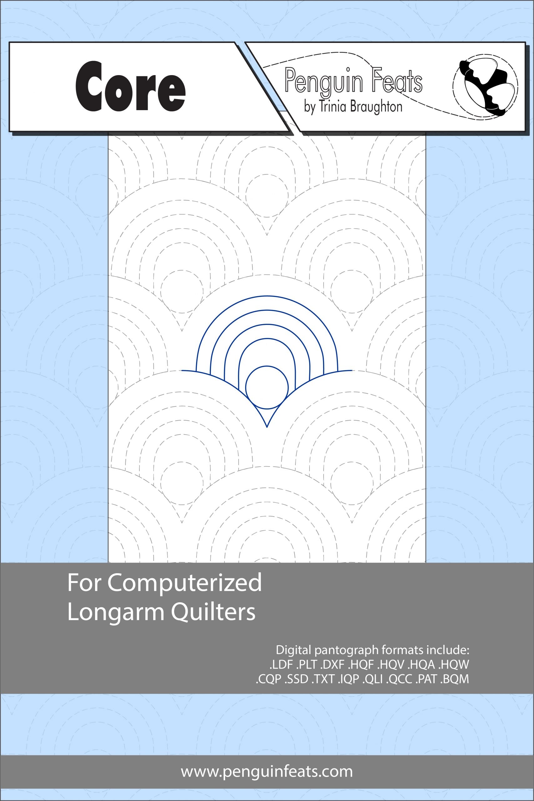 Quilting pattern sheet titled 'Core' by Penguin Feats with a blue and gray design on a light blue background.