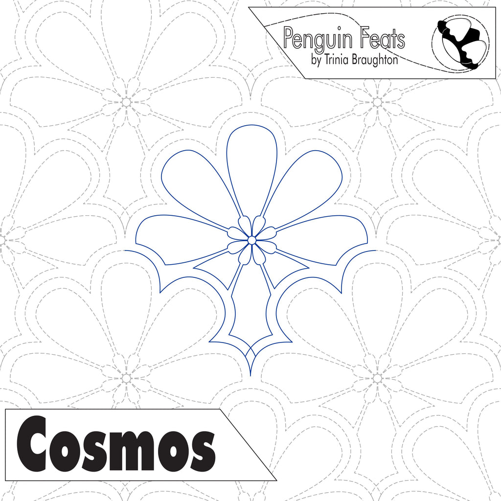 Quilting pantograph pattern labeled 'Cosmos' with 'Penguin Feats' branding.