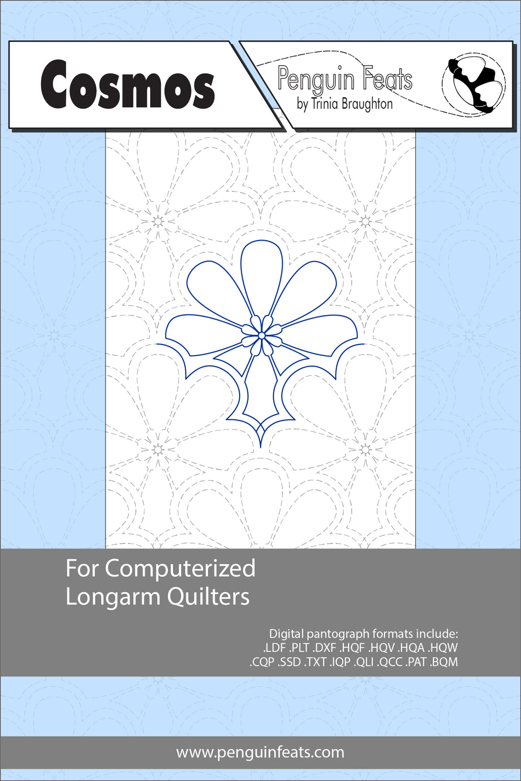 Quilting design sheet for computerized longarm quilters with a blue flower pattern on a white background.