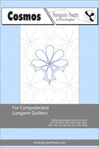 Quilting design sheet for computerized longarm quilters with a blue flower pattern on a white background.