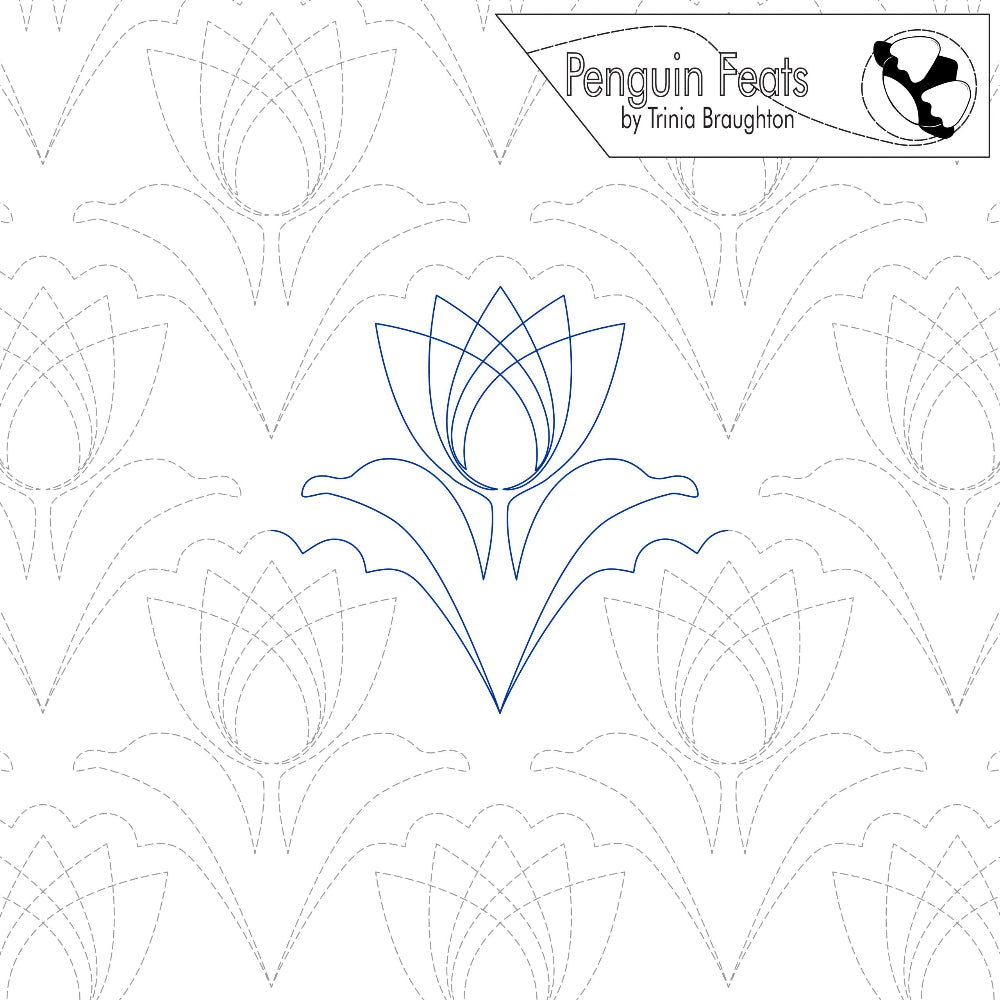 Continuous line in blue of a flower with 'Penguin Feats' branding at the top
