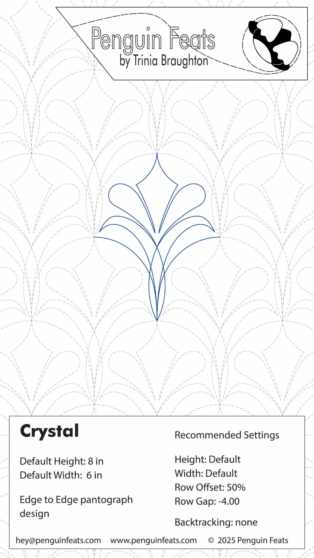 Design data sheet for a crystal quilting design with Penguin Feats by Trinia Braughton branding.