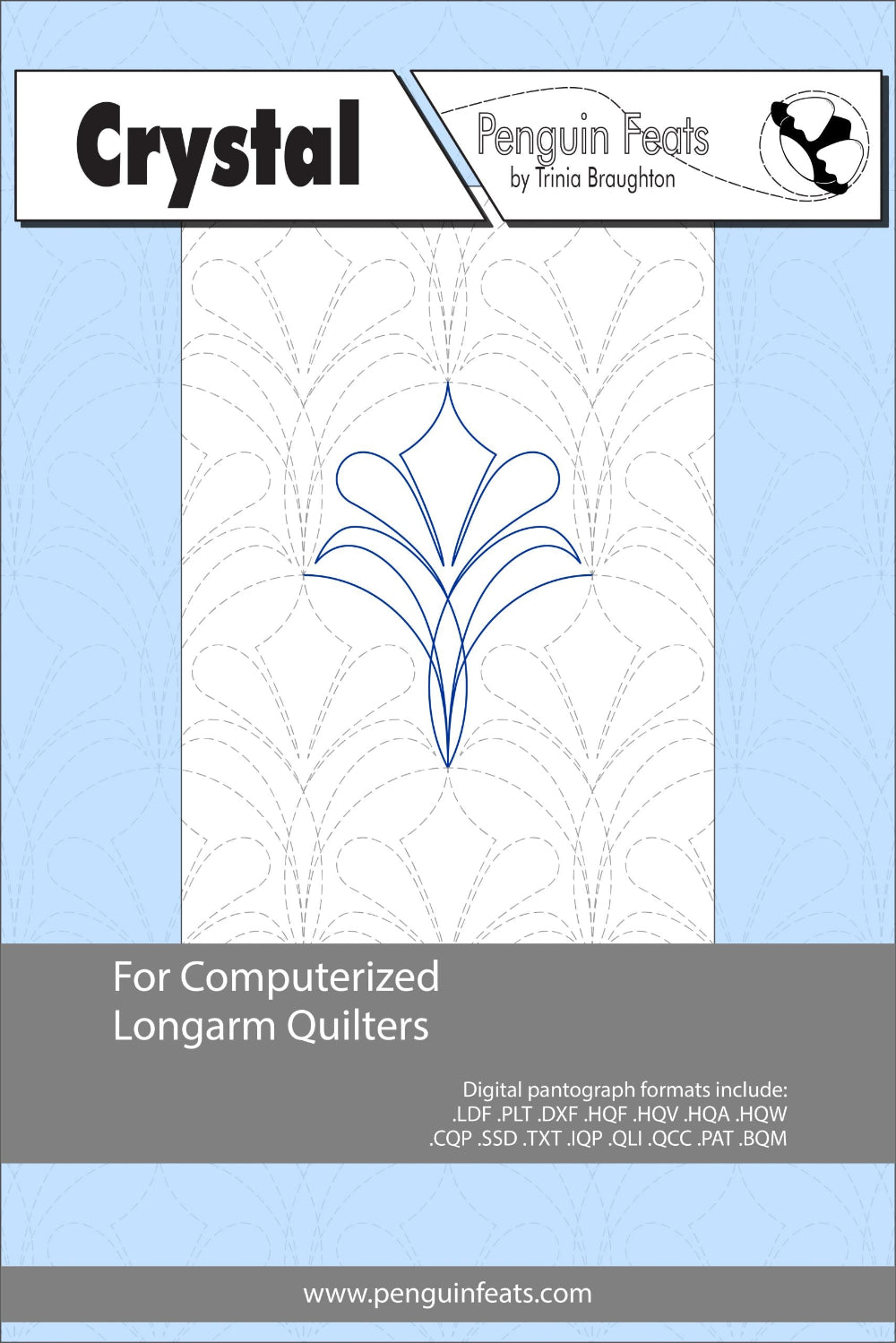 Quilting design info sheet for computerized longarm quilters with a blue and white pattern on a light blue background.
