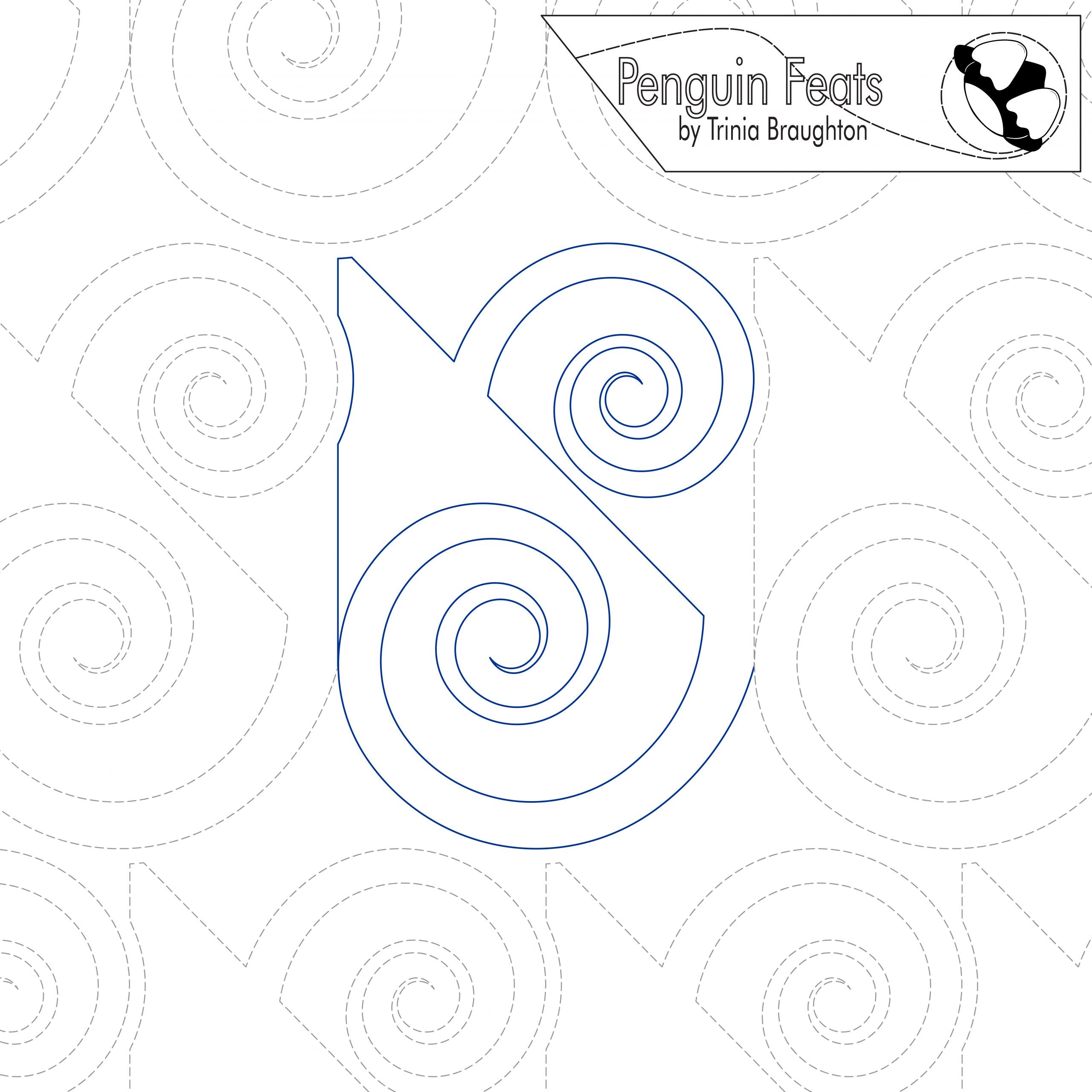Outline of a wedge shape with swirls on a white background, featuring the brand 'Penguin Feats'.
