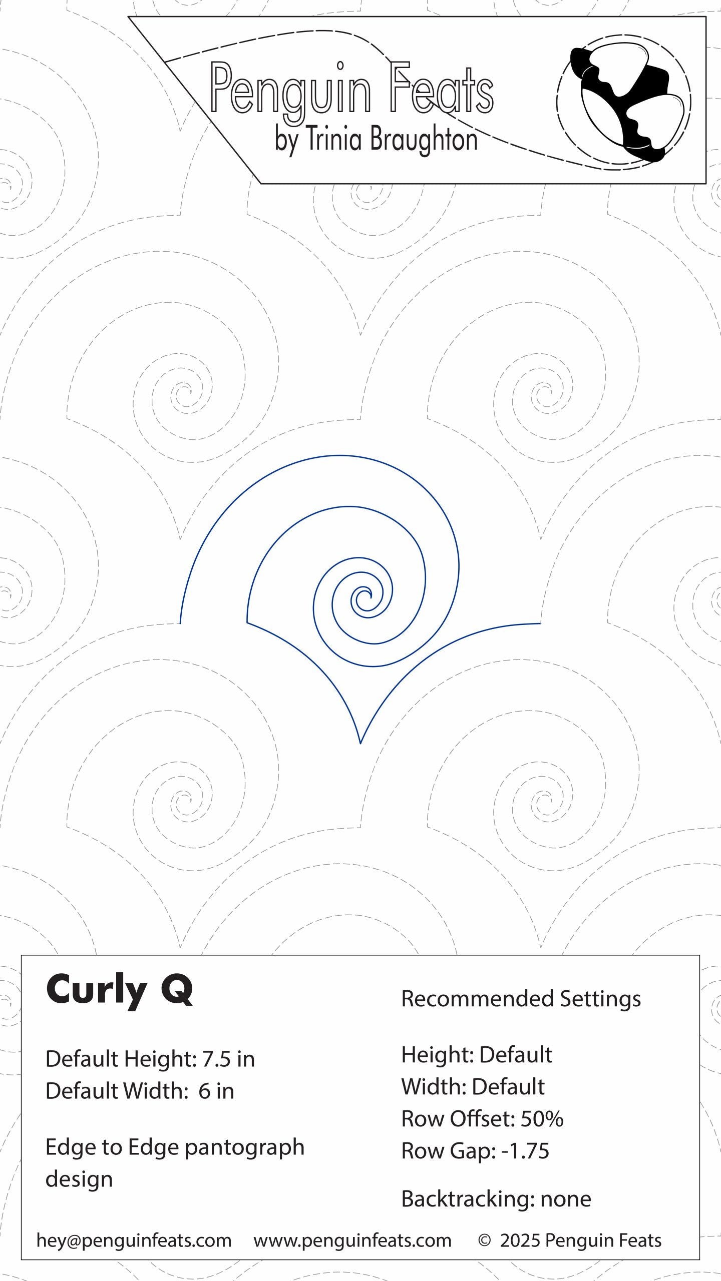 Design card for 'Curly Q' pattern by Penguin Feats with technical details.