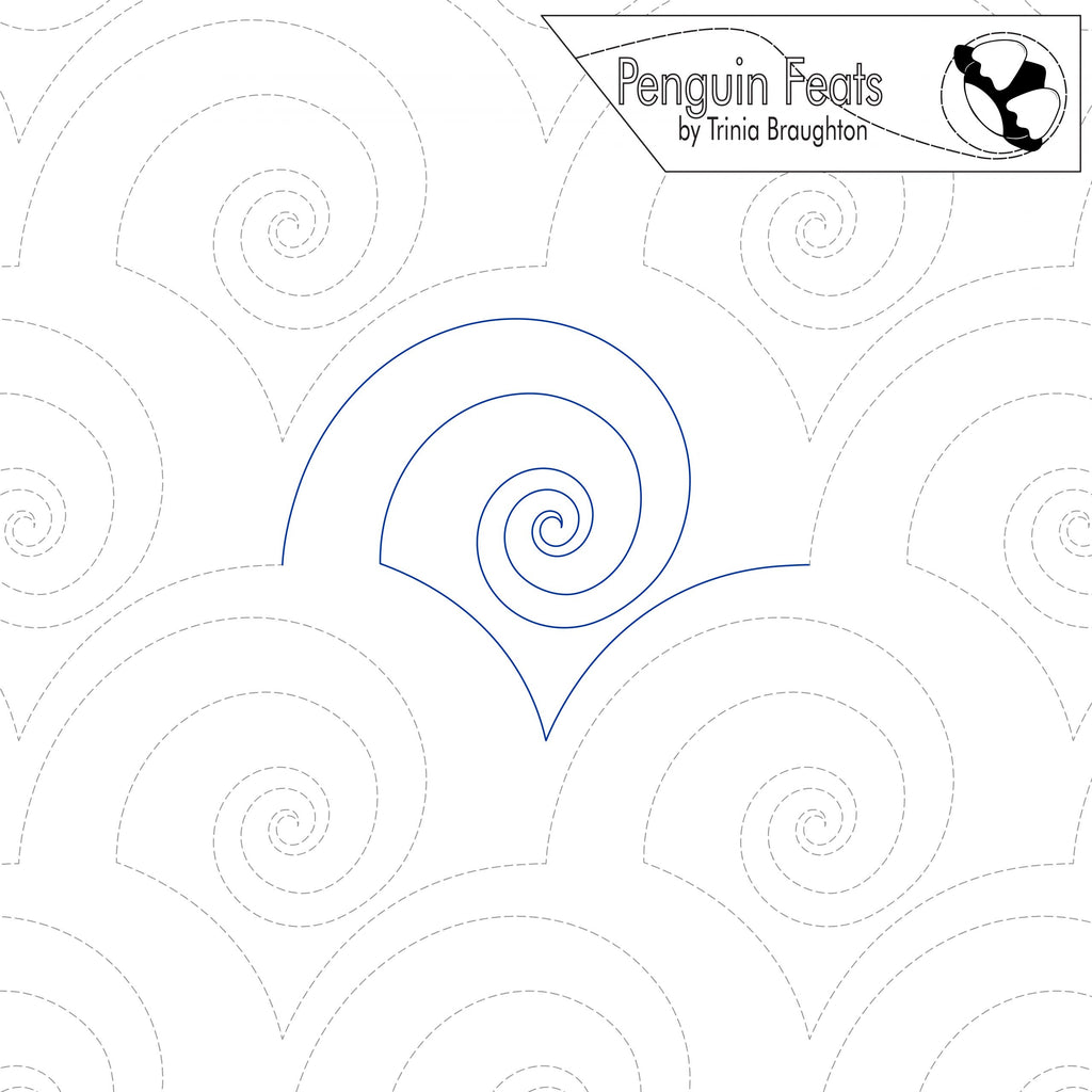 Pattern of concentric circles with a spiral design, branded 'Penguin Feats' by Trinia Braughton.