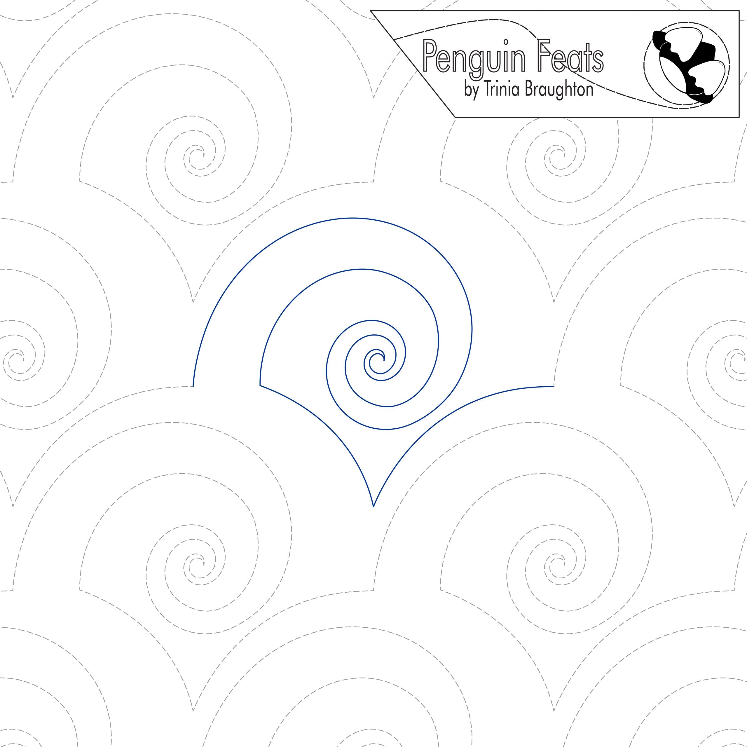 Pattern of concentric circles with a spiral design, branded 'Penguin Feats' by Trinia Braughton.