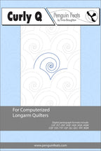 Curly Q pattern book for computerized longarm quilters with a blue and gray design on a white background.