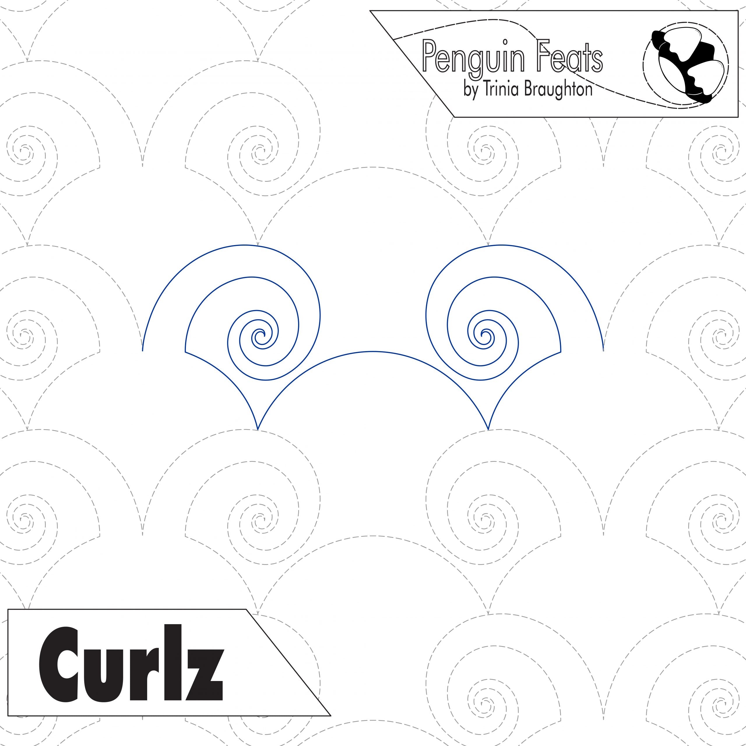 Pattern with spiral designs and 'Curlz' branding on a white background