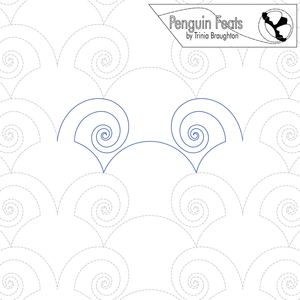 Pattern with spiral designs and 'Penguin Feats' branding on a white background